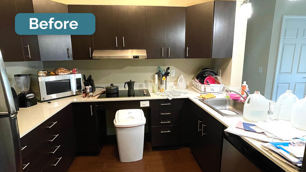 disorganized kitchen to show how to do an open house, tips for sellers.