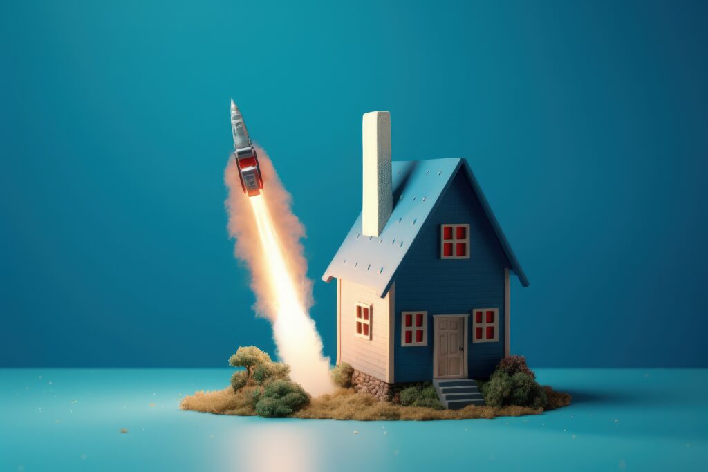 Rocket taking off from a house to show real estate investments - this is for a Real estate investor list by real estate agent Juan Cano