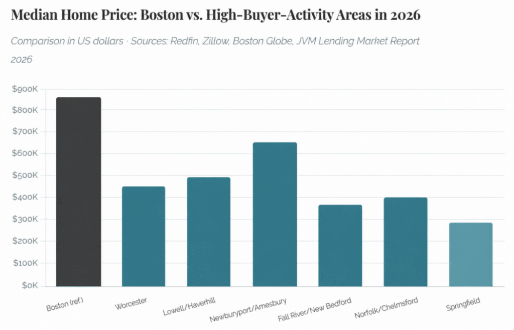 median home price Massachusetts 2026 chart Boston vs other cities